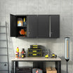 Sleek wall mounted garage cabinet with open double doors showing organized tool storage above a workbench. #black