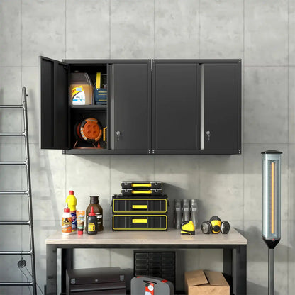 Sleek wall mounted garage cabinet with open double doors showing organized tool storage above a workbench.