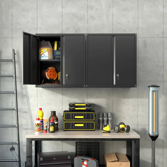 sleek wall mounted garage cabinet with open double doors showing organized tool storage above a workbench #black