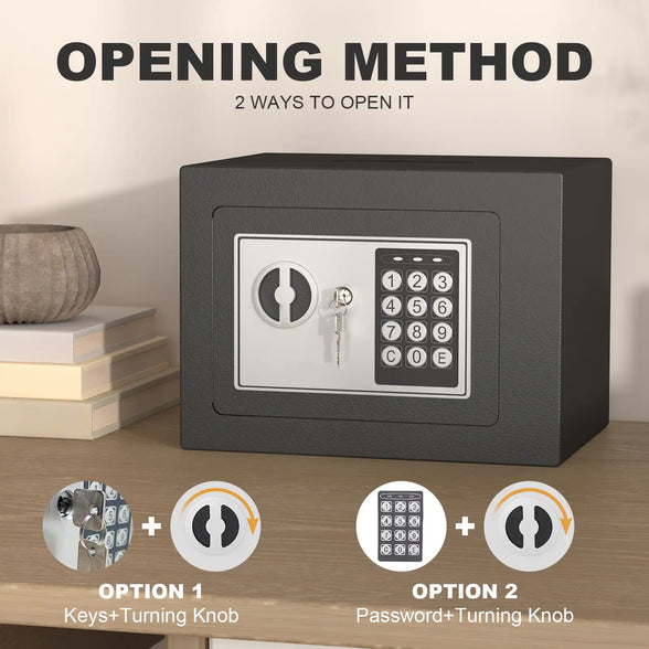 Small Steel Safe Box with Key & Digital Code Lock – 0.23 Cubic Feet Security Lock Box for Keys & Valuables