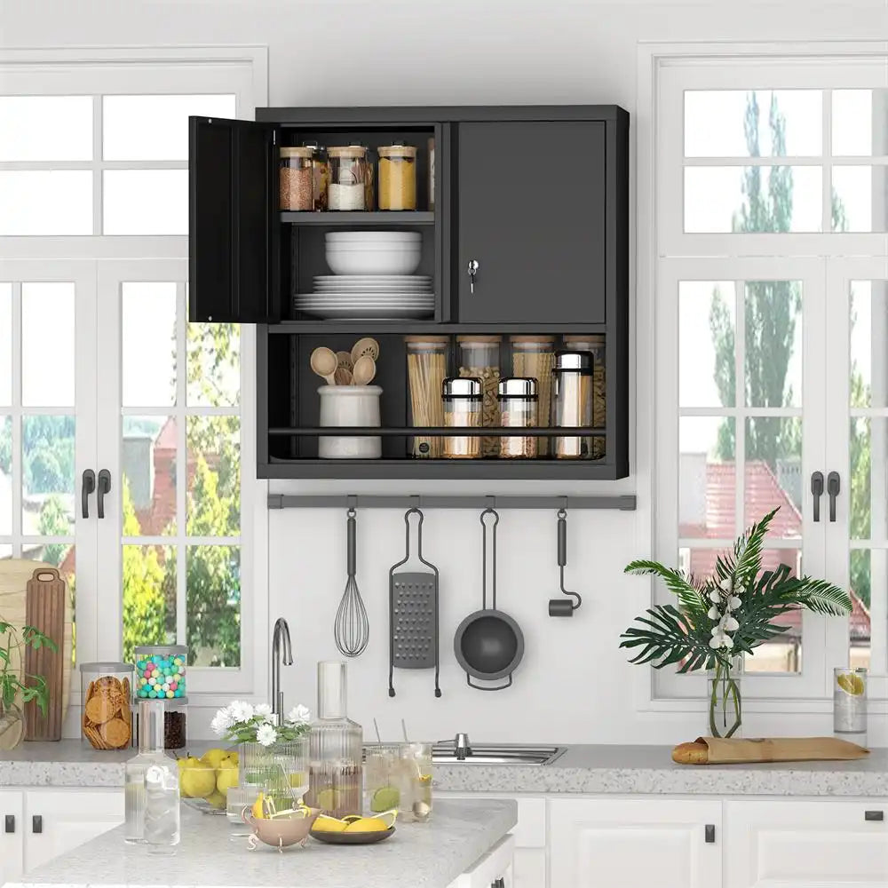 space-saving metal upper cabinet installed in a kitchen layout holding spice jars cookware and pantry essentials