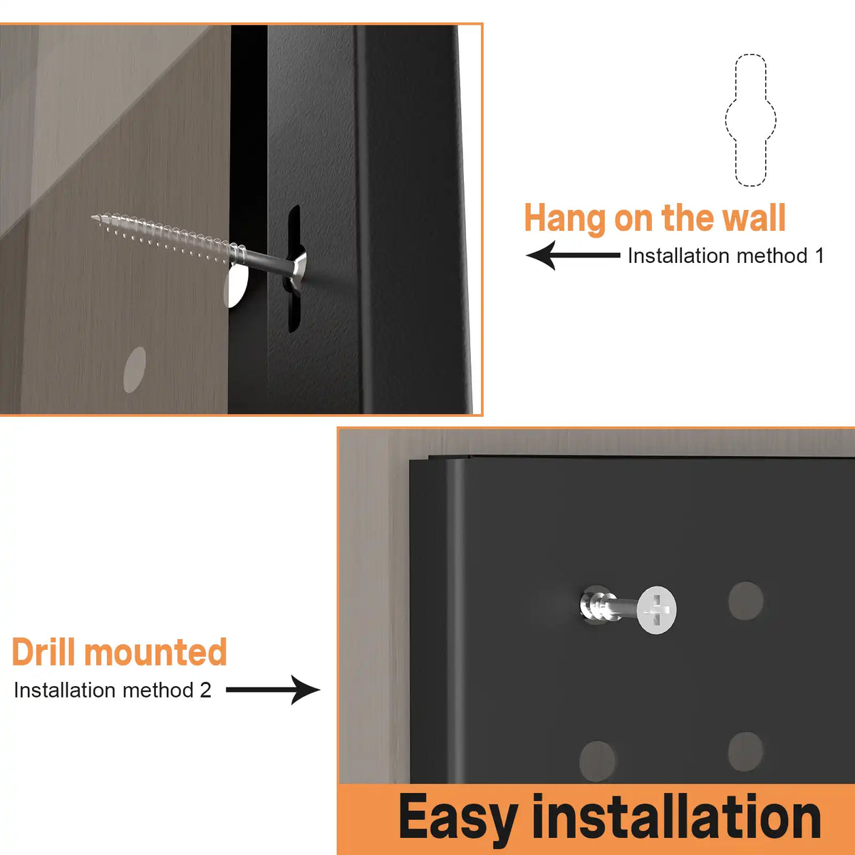 Installation diagram demonstrating hanging and drill mounting methods for securing metal pegboard panels.