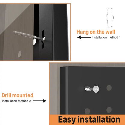 Installation diagram demonstrating hanging and drill mounting methods for securing metal pegboard panels.