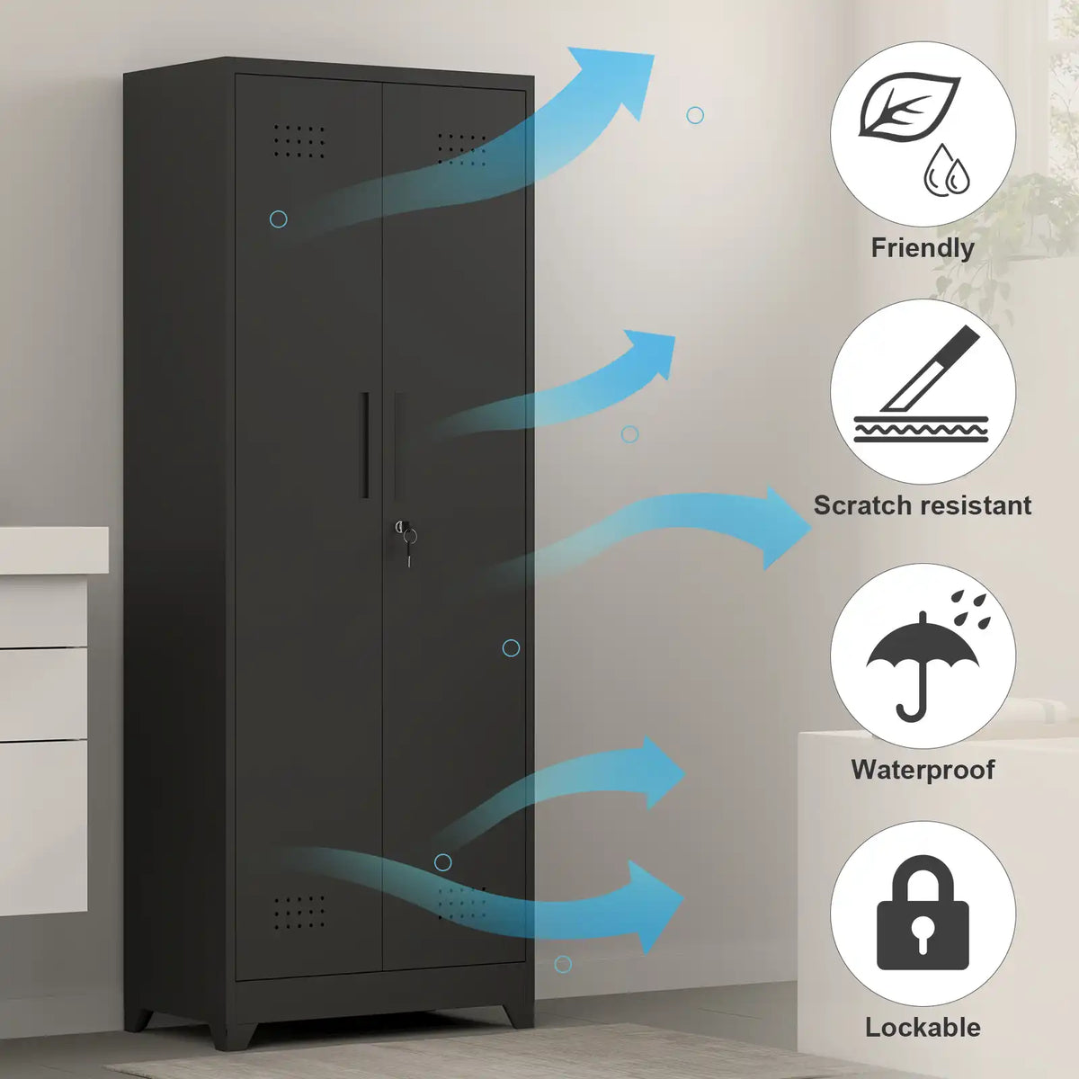 steel broom closet with eco-friendly material, scratch resistance waterproof and lockable doors