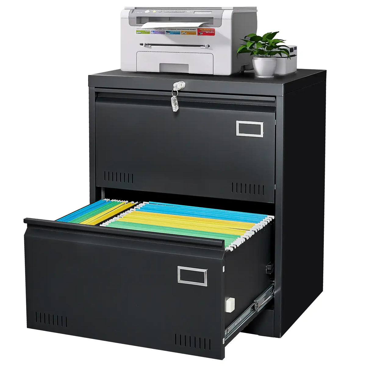 Black steel lateral file cabinet with top printer, locked top drawer, and open bottom drawer displaying hanging file folders. #black #2 drawers