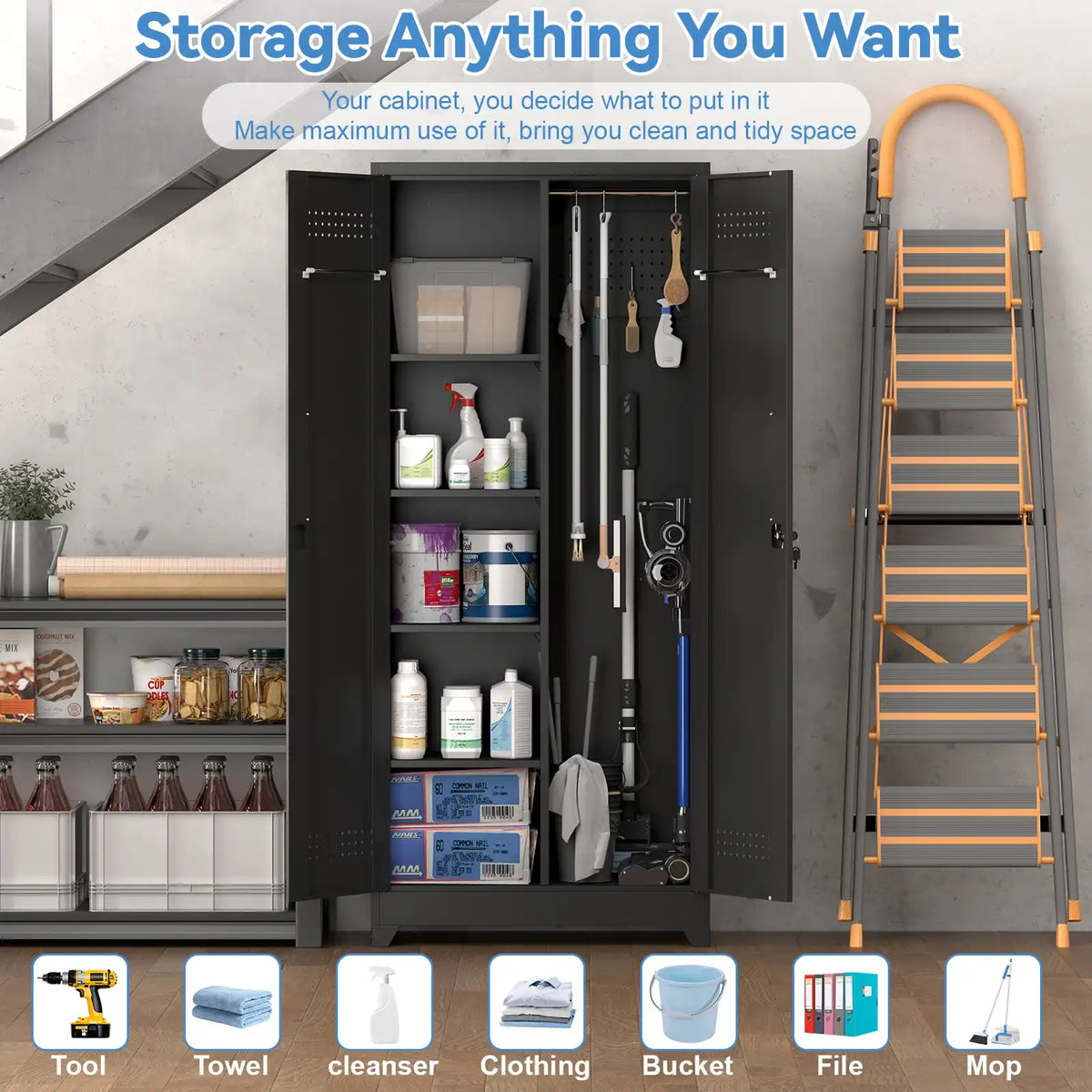 steel organizer cabinet designed for storing power tools cleansers towels buckets files and cleaning equipment