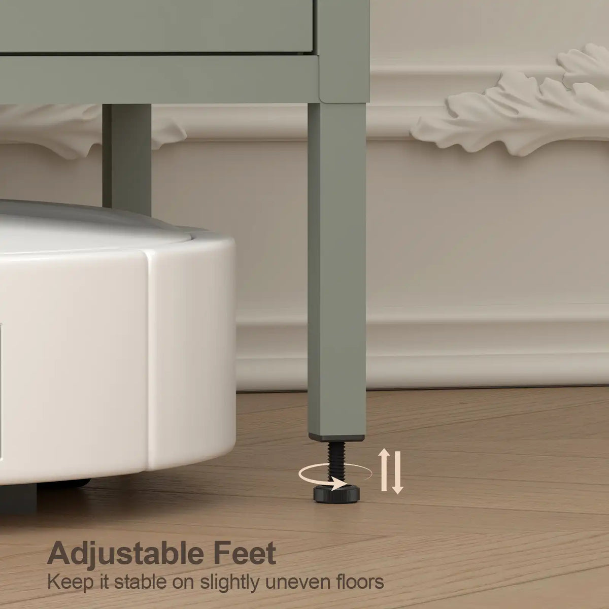 Storage steel cabinet with leveling feet for stable placement on uneven floors. #green