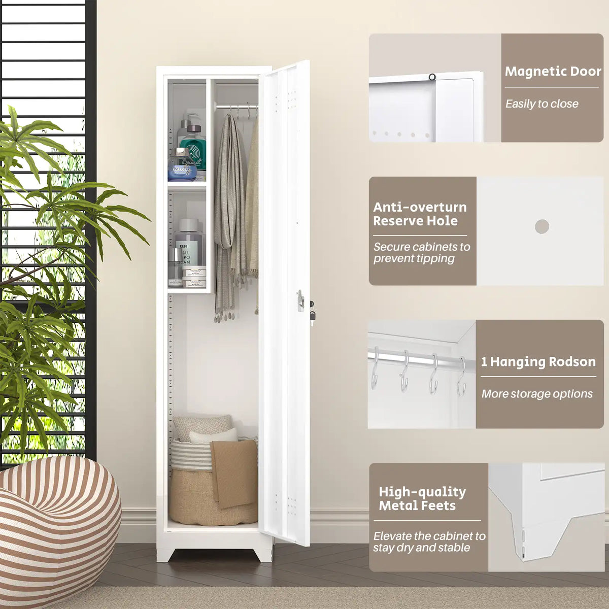 storage cabinet details showing magnetic door catch anti-overturn reserve hole hanging rod and elevated metal feet #white