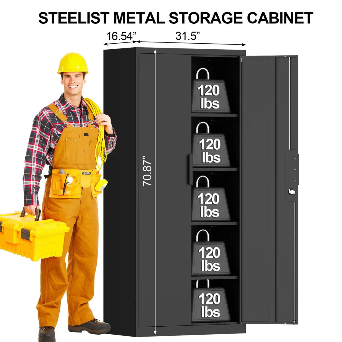 Dimensions and shelf weight capacity diagram for a 71-inch tall black metal storage cabinet.