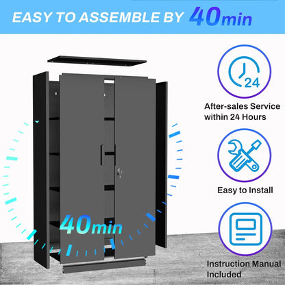 Assembly diagram of a tall black steel storage cabinet with quick 40-minute installation details.