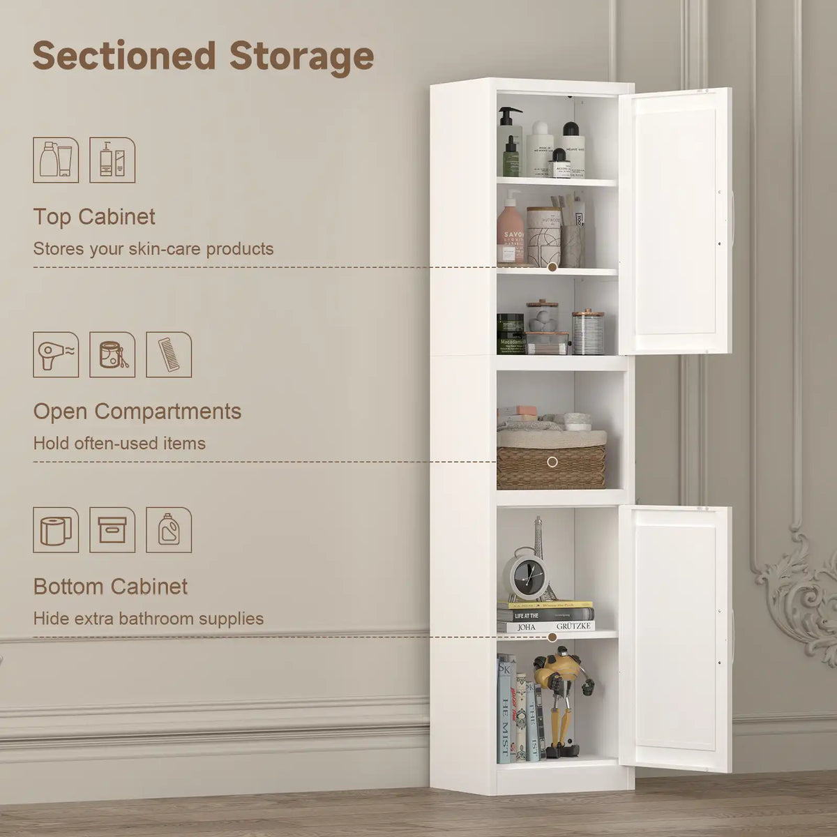 Sectioned storage breakdown diagram of a narrow freestanding bathroom cupboard holding skincare, towels, and extra supplies. #white