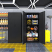 tall metal storage cabinet fully loaded with power tools paint cans and motor oil in workshop setup #black