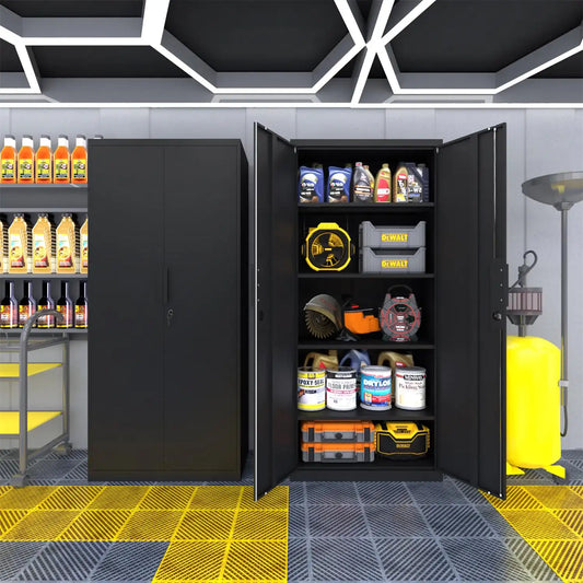 tall metal storage cabinet fully loaded with power tools paint cans and motor oil in workshop setup #black