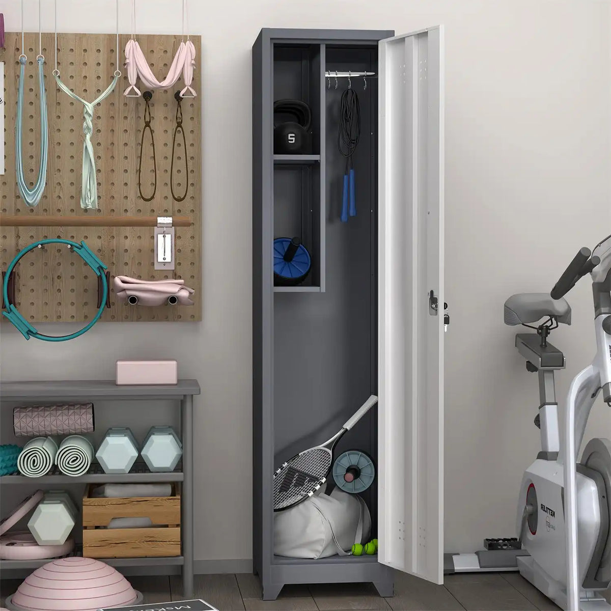 tall narrow sports equipment locker set up in a home gym organizing dumbbells  jump rope and badminton rackets #grey+white
