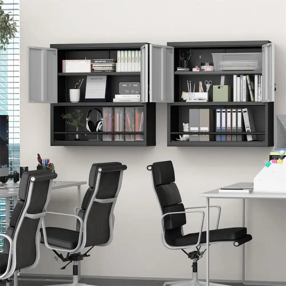 two black and grey wall-mounted office storage cabinets installed above study desks storing books and file binders in a modern workspace #black&grey