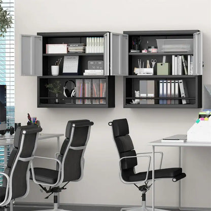two black and grey wall-mounted office storage cabinets installed above study desks storing books and file binders in a modern workspace