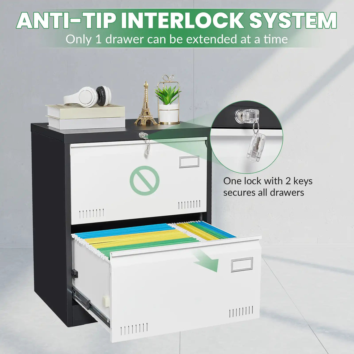Document filing chest displaying anti-tip interlocking function with top lock set and two keys included. #black-white #2 drawers