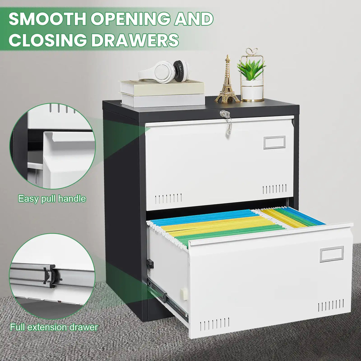 Document filing pedestal with an open lower drawer highlighting easy pull recessed handles and full extension ball bearing drawer slides. drawers