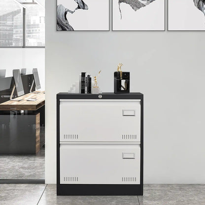 File cabinet placed in a modern office room with computers and desks. drawers
