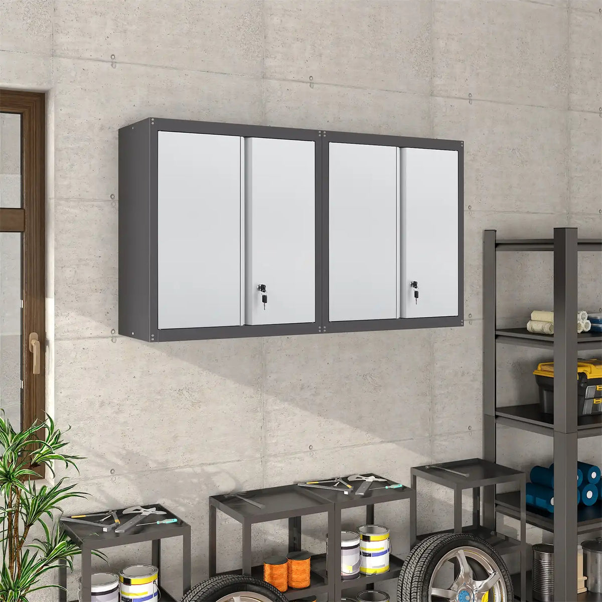 two tone steel wall mounted garage storage locker featuring a modern industrial design for space saving organization #black+grey