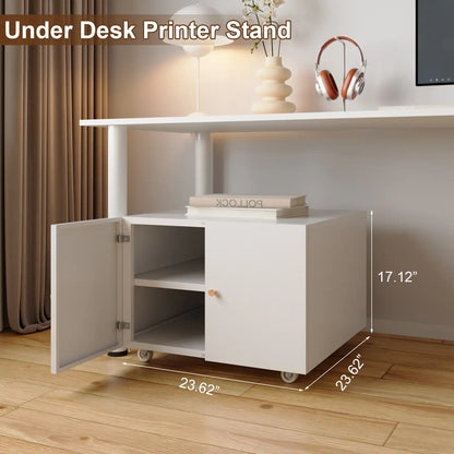 Dimension chart illustrating a compact printer stand fitting neatly under a standard office desk to save floor space.