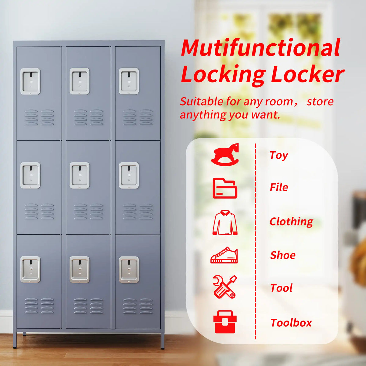 Versatile steel cabinet organizer suited for storing toys, files, clothes, shoes, and tools.