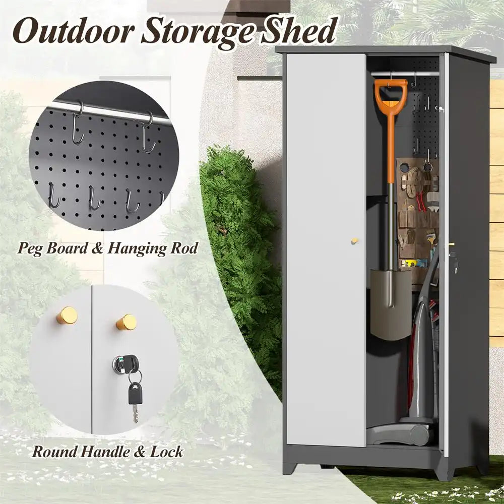 vertical tool storage cupboard featuring pegboard hooks, lockable door handle, and spacious interior for long lawn tools