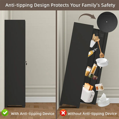 wall-anchoring anti-tip safety kit installed on the back of the slim metal cabinet to prevent tipping