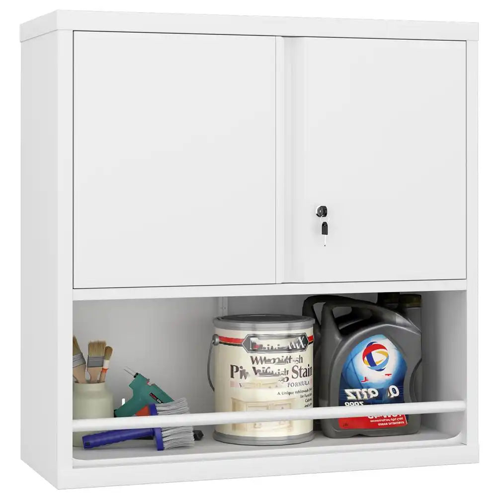 wall-mounted metal storage cabinet with lockable double doors featuring an open bottom shelf holding with a protective guardrail #white