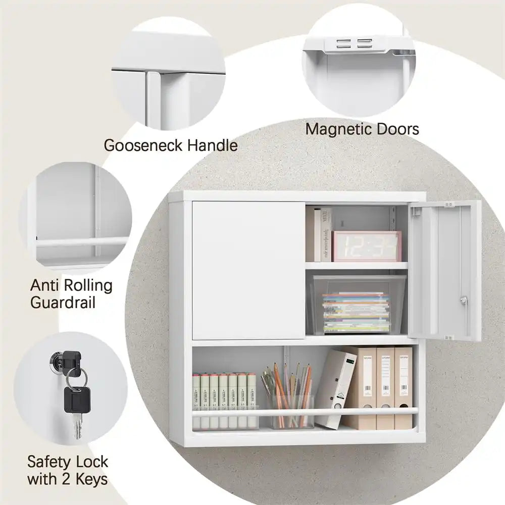 wall-mounted metal utility cabinet showcasing organized binders and storage boxes alongside close-up callouts for its 4 features