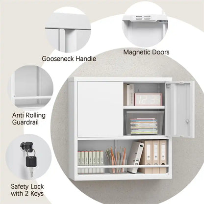 wall-mounted metal utility cabinet showcasing organized binders and storage boxes alongside close-up callouts for its 4 features