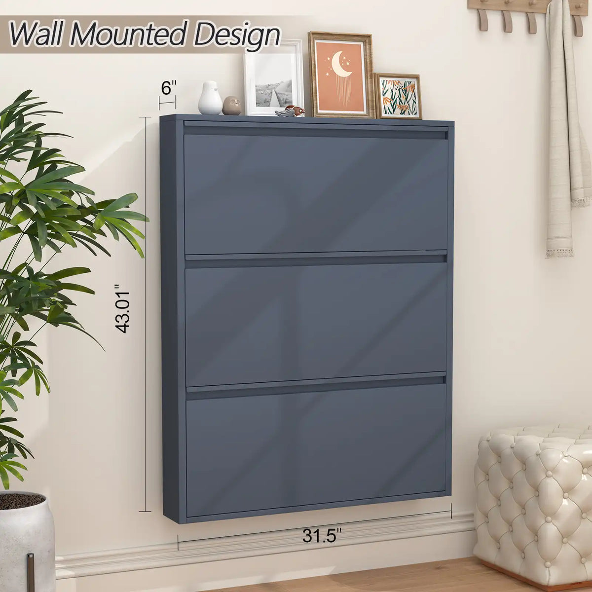 Dimension of a blue 3 drawer shoe organizer with wall mounted design. flip drawers