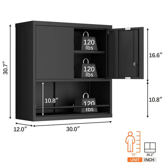 wall mounted cabinet dimensional diagram showing 30-inch width 12-inch depth and 31-inch height specifications #black