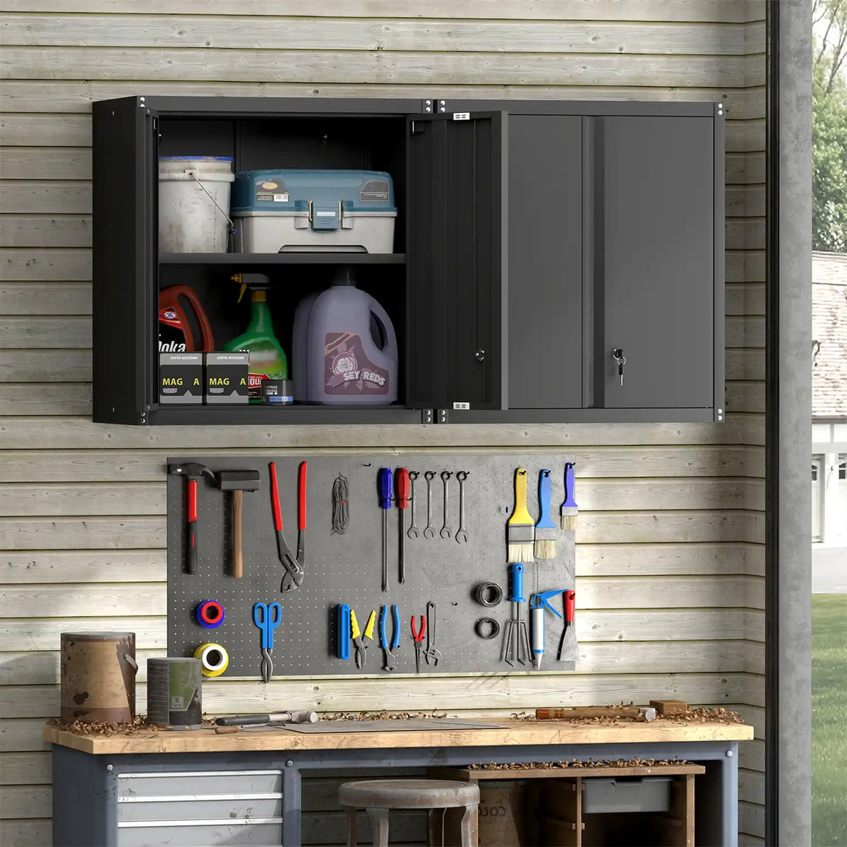 Wall mounted garage cabinet with left door open showing organized oil bottles and paint cans above a workbench.