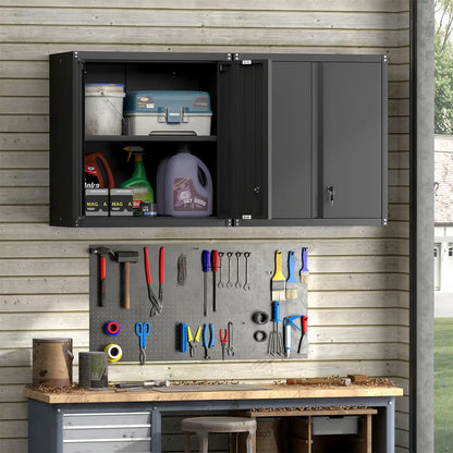 Wall mounted garage cabinet with left door open showing organized oil bottles and paint cans above a workbench.