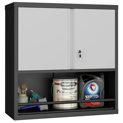 wall mounted metal storage cabinet featuring double lockable doors and an open bottom shelf with front retaining bar