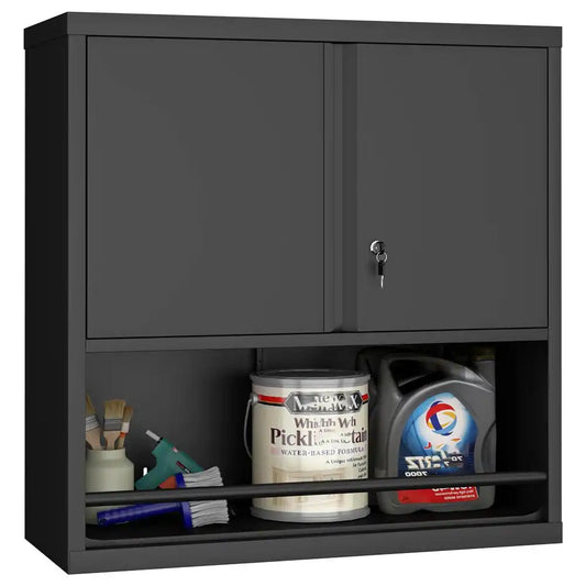 wall mounted metal storage cabinet with double lockable doors and an open bottom shelf #black