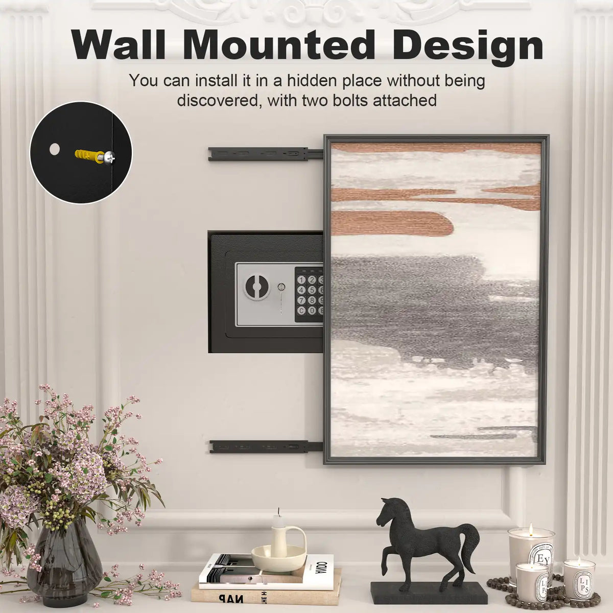 wall mounted security box installed discreetly on a home wall beneath a decorative painting #black