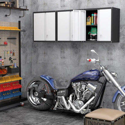 wall mounted steel garage cabinet with open door installed beside tool organizer workstation