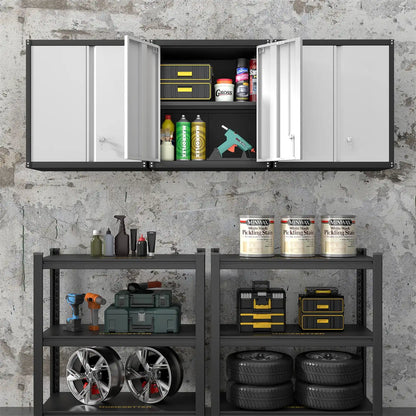 wall mounted storage cabinet with open doors installed above a heavy duty steel shelving rack with tires and tools