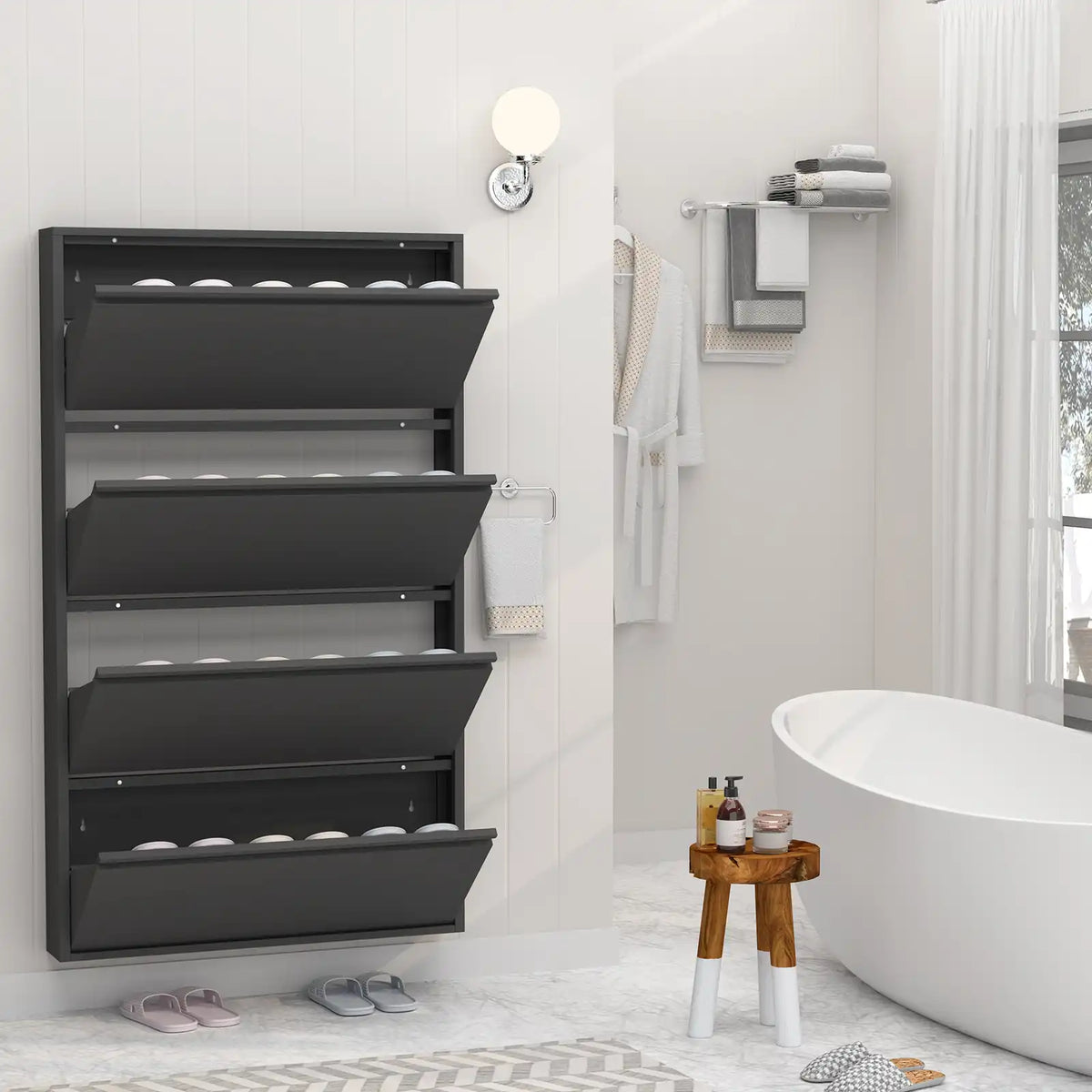 Waterproof black shoe entryway console used for organized towel and shoe storage in a modern bathroom. flip drawers