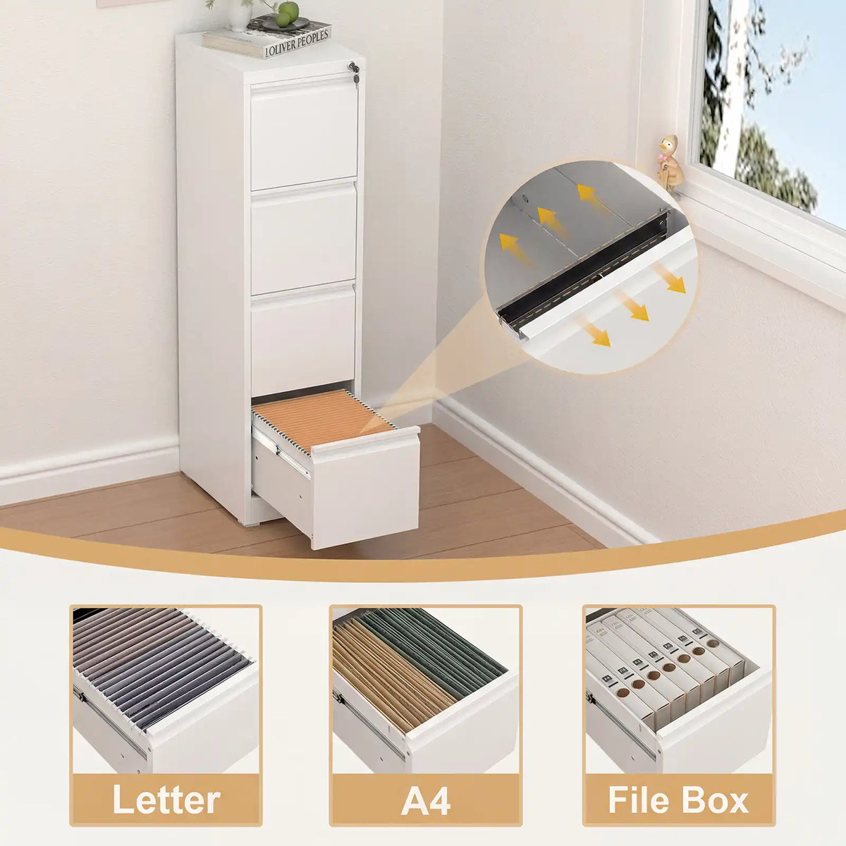 White 4 drawer metal filing cabinet with adjustable hanging rails for A4 letter size folders and office file boxes.