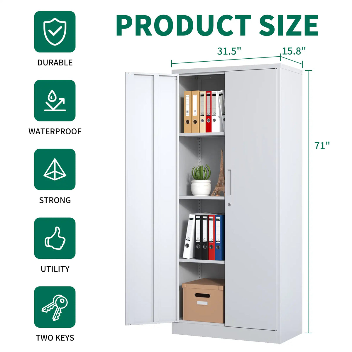 Product size specification diagram illustrating the dimensions of the white steel garage storage locker at 31.5 W x 15.8 D x 71 H inches.
