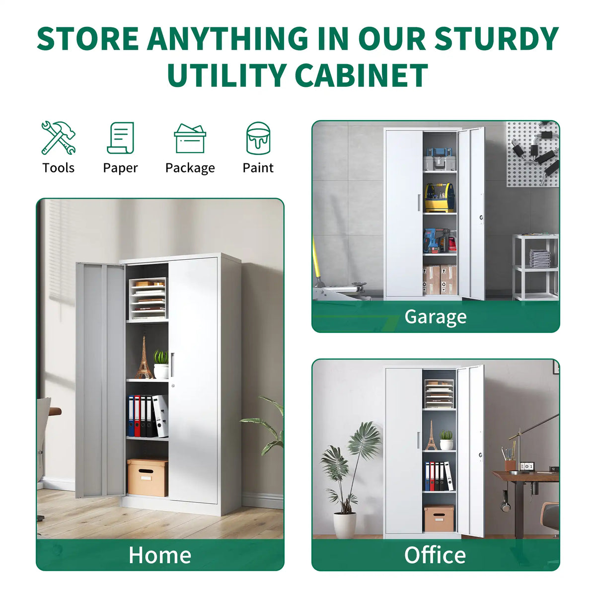 Versatile white metal storage cabinet suited for organizing tools, files, and supplies in home, garage, and office environments. #white