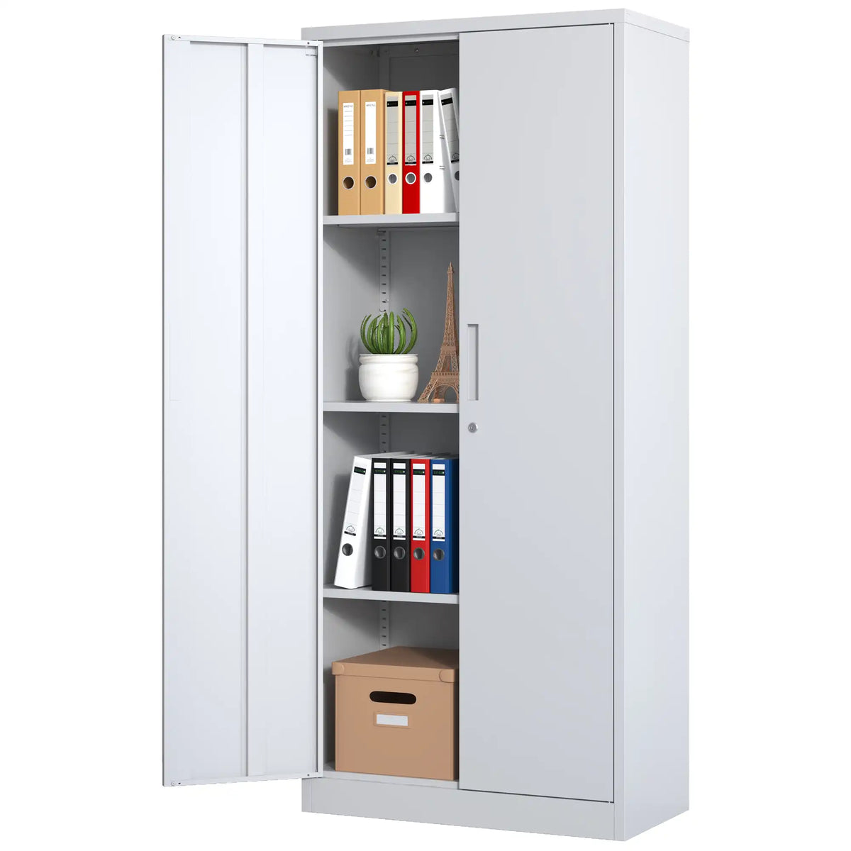 Front view of a 71-inch clean white metal storage cupboard featuring two lockable doors. #white