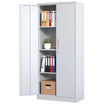 Front view of a 71-inch clean white metal storage cupboard featuring two lockable doors.