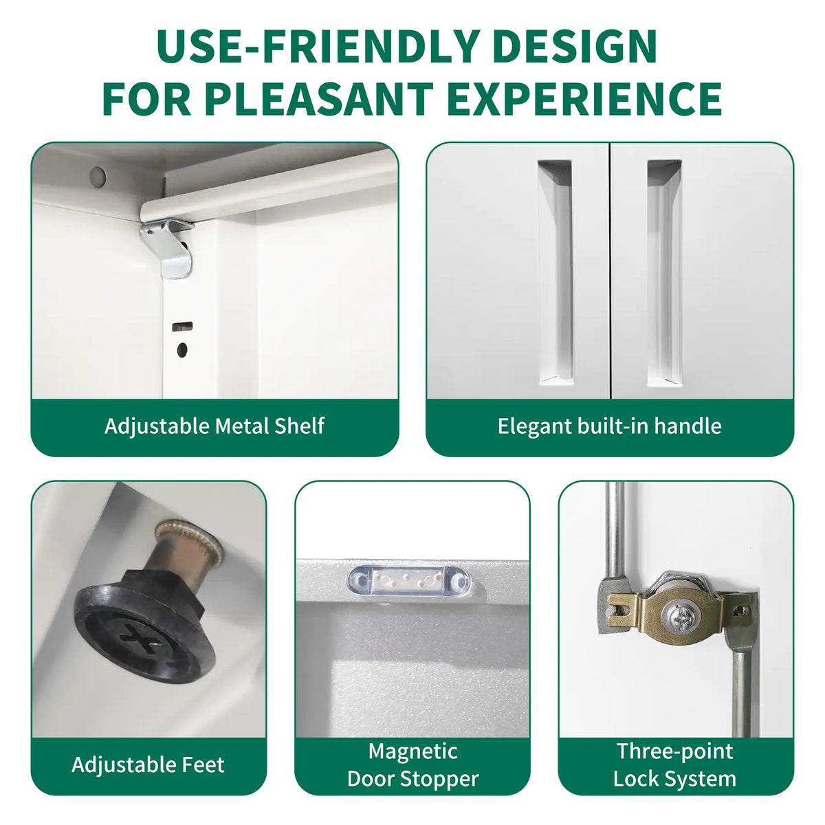 Infographic showcasing key design details of the white metal cabinet: adjustable shelf, built-in handles, levelling feet, magnetic door stoppers, and three-point lock system. #white