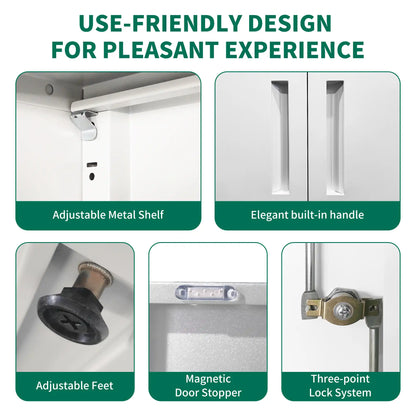 Infographic showcasing key design details of the white metal cabinet: adjustable shelf, built-in handles, levelling feet, magnetic door stoppers, and three-point lock system.