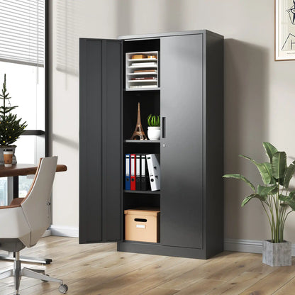 A sleek black 2-door steel office cabinet placed against a white wall in a modern workspace environment.