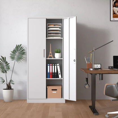 White steel storage cabinet with open doors displaying binders and decor items next to a study desk.